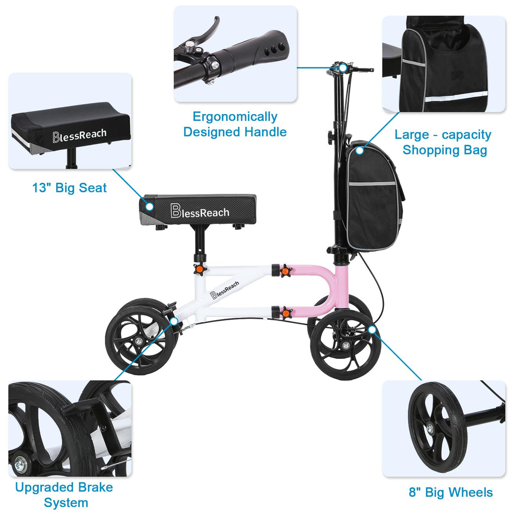 BlessReach Economy Knee Scooter Steerable Knee Walker for Foot Injuries Compact Crutch Alternative with Dual Braking System (Pink)