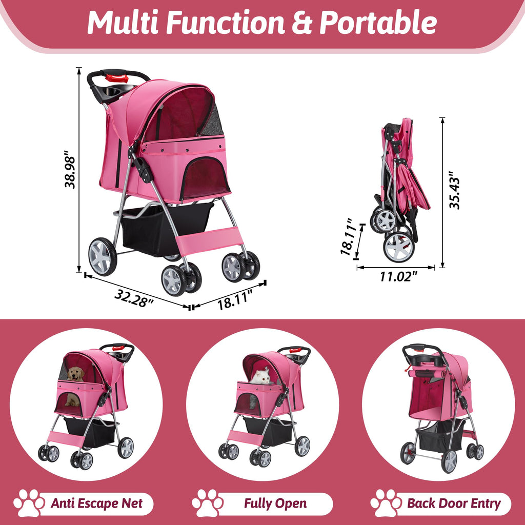 Azaeahom Pet Stroller, 4 Wheels Pet Strolling Cart for Medium/Small Dogs and Cats, Foldable Cat Jogger/Dog Stroller with Cup Holder, Storage Basket, Breathable Mesh, All-Season Pet Carrier, Pink