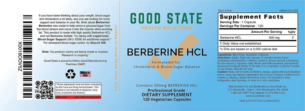 Good State Berberine HCL 400mg, 120 Vegetarian Capsules