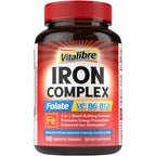 Iron Supplement for Women & Men, with Vitamins C, B6, B12 & Folate for Iron Deficiency, Blood Building & Energy Support, Stomach Friendly, Better Absorption, Non-GMO, No Gluten, 90 Vegan Caps