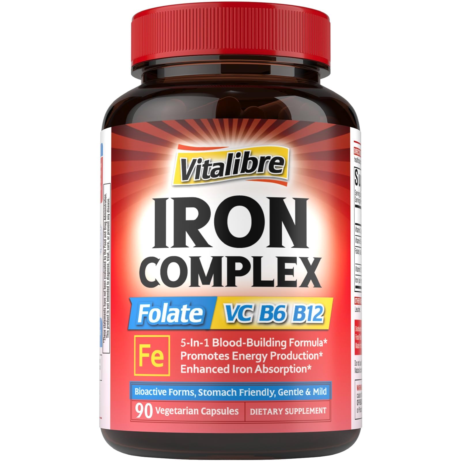 Iron Supplement for Women & Men, with Vitamins C, B6, B12 & Folate for Iron Deficiency, Blood Building & Energy Support, Stomach Friendly, Better Absorption, Non-GMO, No Gluten, 90 Vegan Caps
