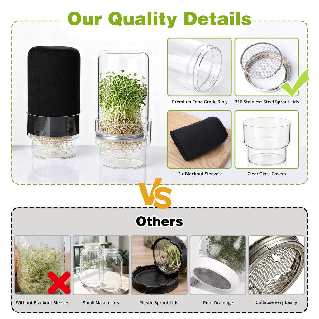Sprouting Kit, 2 Wide Mouth Sprouting Jar with Stainless Steel Screen Sprout Lids, Blackout Sleeves, Drain Cover, Sprouts Growing Kit for Broccoli, Mung Beans, Alfalfa & Microgreens