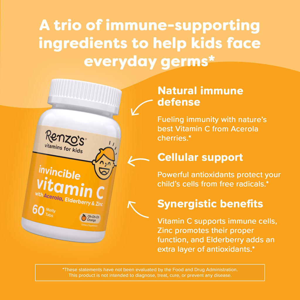 Renzo's Invincible Kids Vitamin C with Elderberry Vitamin C and Zinc, Dissolvable Kids Vitamins for Immune Support, Sugar-Free Melty Tabs, Orange Flavor, 60-Count (1-2 Month Supply)