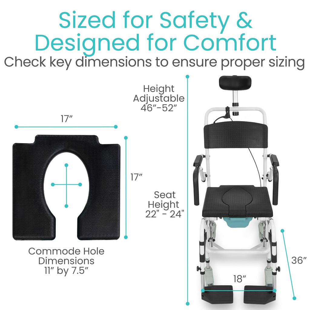 Vive Reclining Shower Chair with Wheels - Commode Wheelchair for Seniors, Disabled & Handicap - Padded Transfer Rolling Chairs w/Arms - Portable, Waterproof Shower Chair - Reclines for Easy Hair Wash