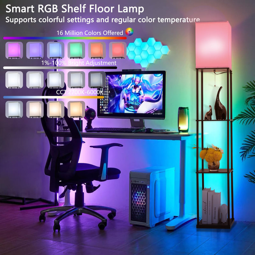 Gupuzm Floor Lamp with Shelves, with Modern Square Standing Lamp with Smart APP Control RGB Bulb, Corner Display Bookshelf Lamp for Living Room, Bedroom and Office(brown-9RGB)