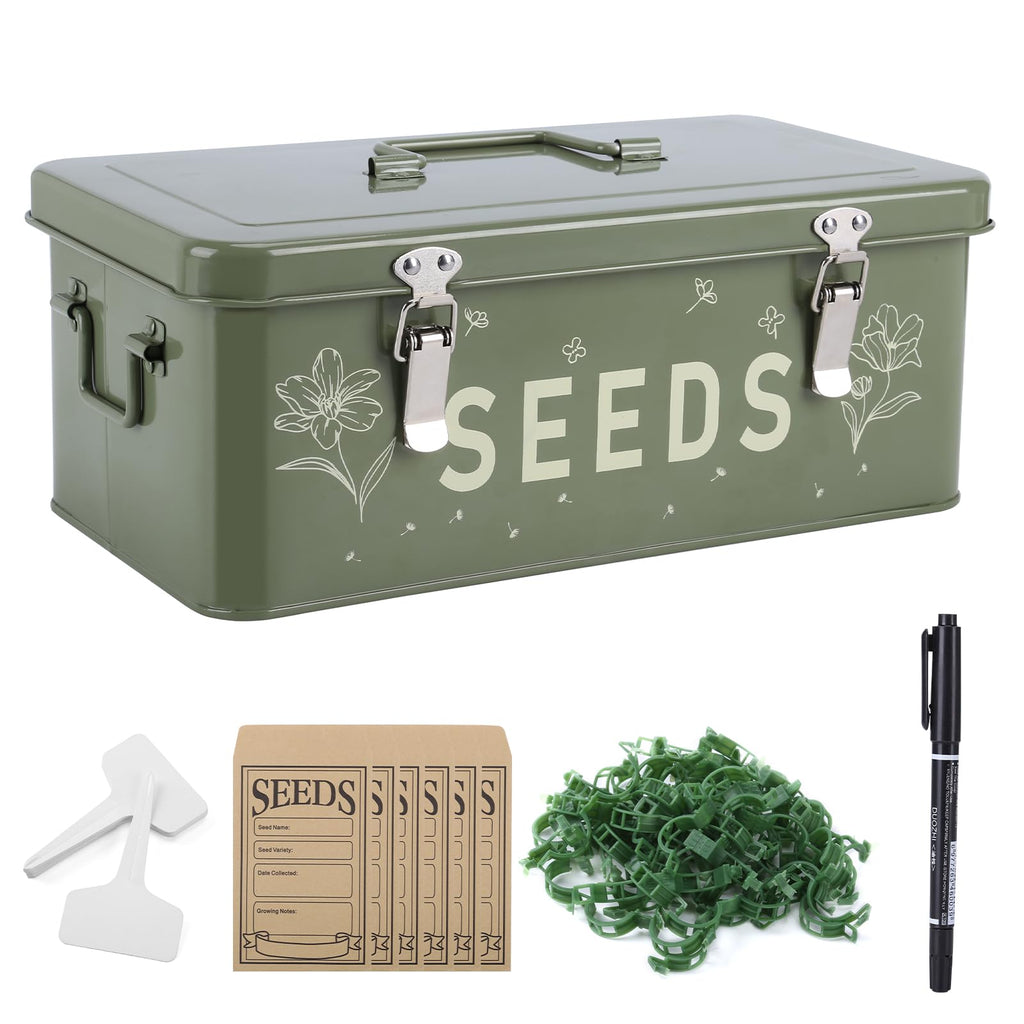 Seed Storage Organizer with Lid, Metal Seed Bin Seed Packet Container