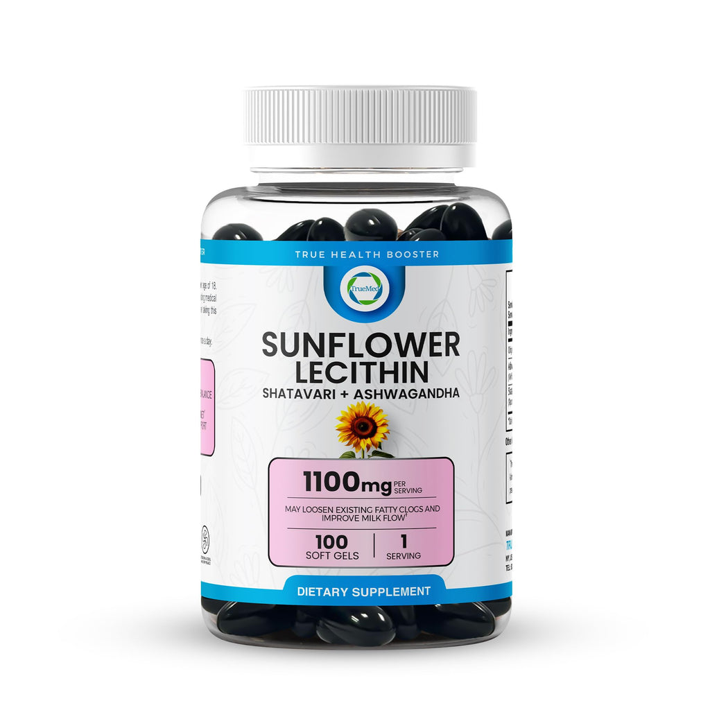 TRUEMED Sunflower Lecithin with Shatavari & Ashwagandha - 1100 mg per Serving - Supports Hormone Balance, Milk Flow, Brain Health, Digestive Wellness, 100 Softgels - Made in USA GMP Certified