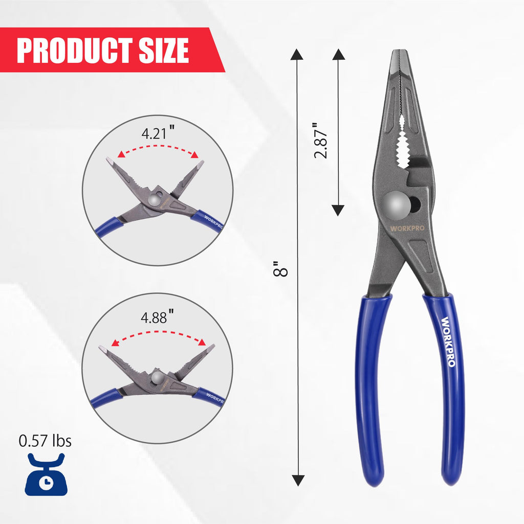 WORKPRO 8'' Long Nose Slip Joint Pliers, CR-V Needle Nose Pliers with Comfortable Grip Handles, 3-Zone Serrated Jaw from Premium Steel for Clamping, Tightening and Loosening