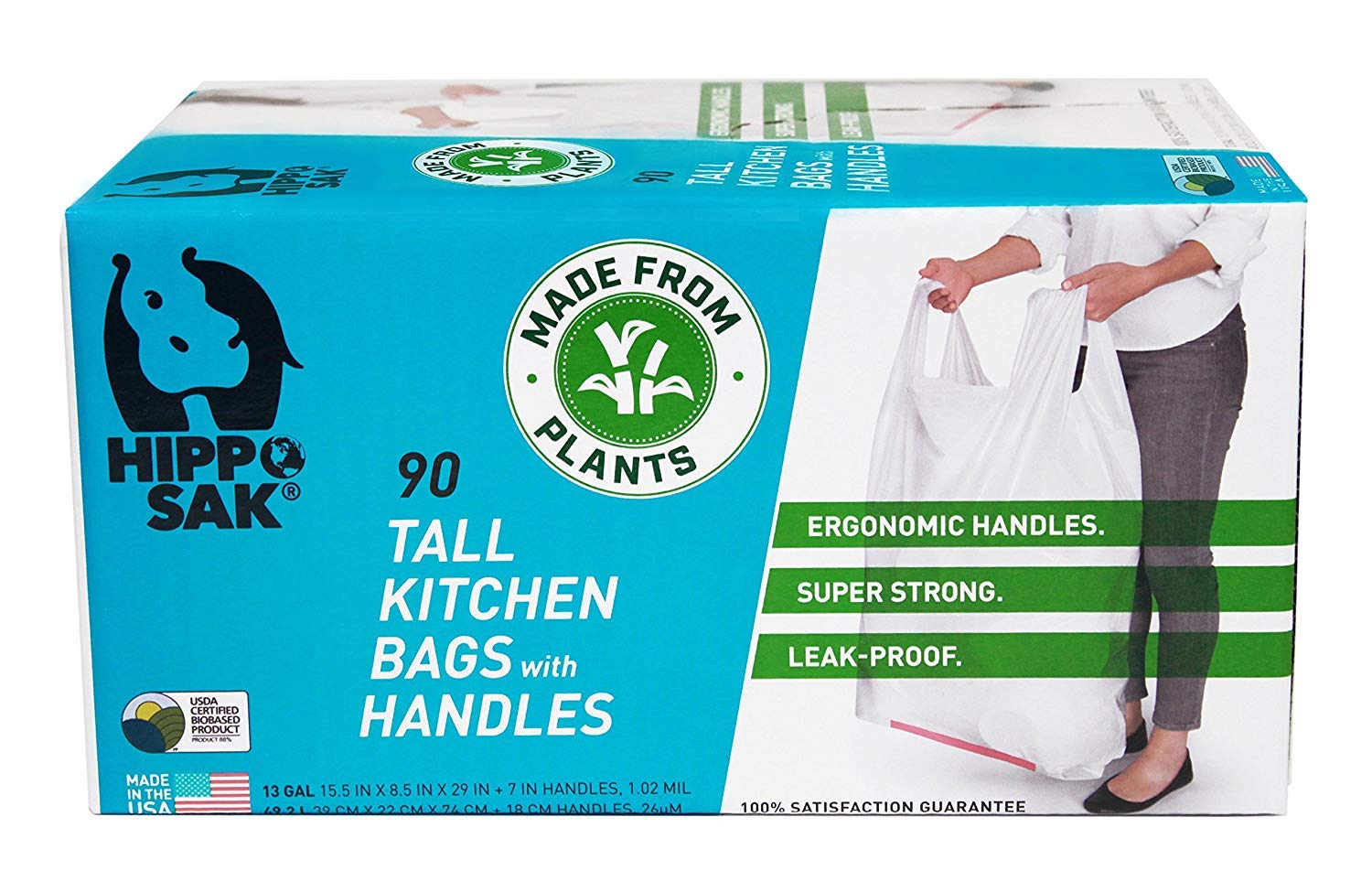Hippo Sak - Plant Based Tall Kitchen Garbage Bags with Ergonomic Handles - 13 Gallon Trash Bags - Recyclable & Eco Friendly - Super Strong and Leak Proof Tall Kitchen Trash Bags (90 Count)
