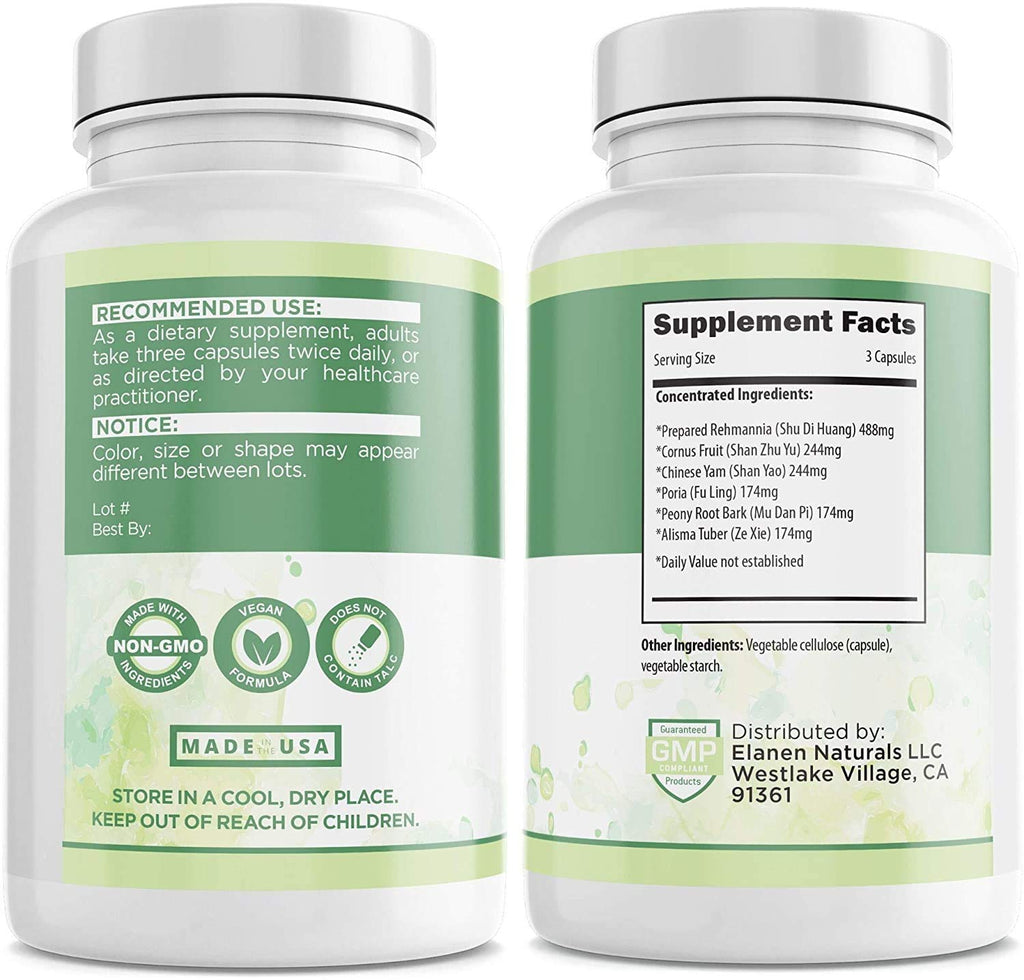 Elanen Naturals Liu Wei Di Huang Wan, Rehmannia 6, Six Flavor Rehmannia, 100 Vegetable Capsules