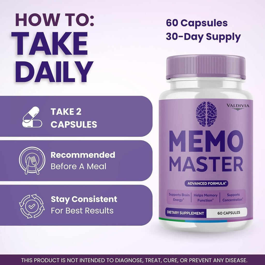Valdivia Memo Master Capsules - Premium MemoMaster Daily Memory & Focus, All Natural Memory Formula for Wellness - 60 Capsules for 1 Month