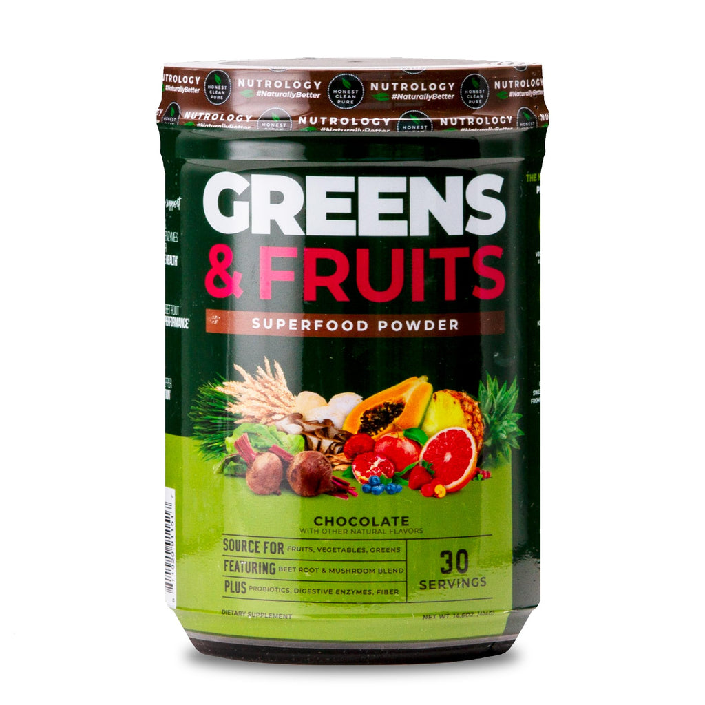 Nutrology Greens & Fruits Powder-Naturally Sourced Fruits, Vegetables, Beet Powder & Mushroom Blend, Probiotics, Digestive Enzymes, Fiber, Antioxidants, Immune Support, Gluten Free - Chocolate