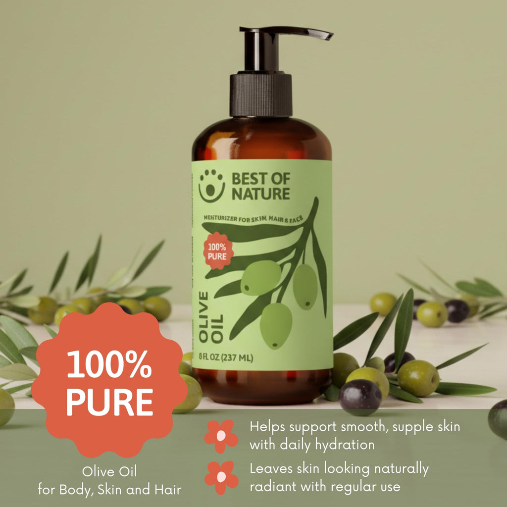 Best of Nature 100% Pure Olive Massage & Body Oil – Cold Pressed, Natural & Unscented Moisturizer for Skin, Hair & Bath, 8 fl oz