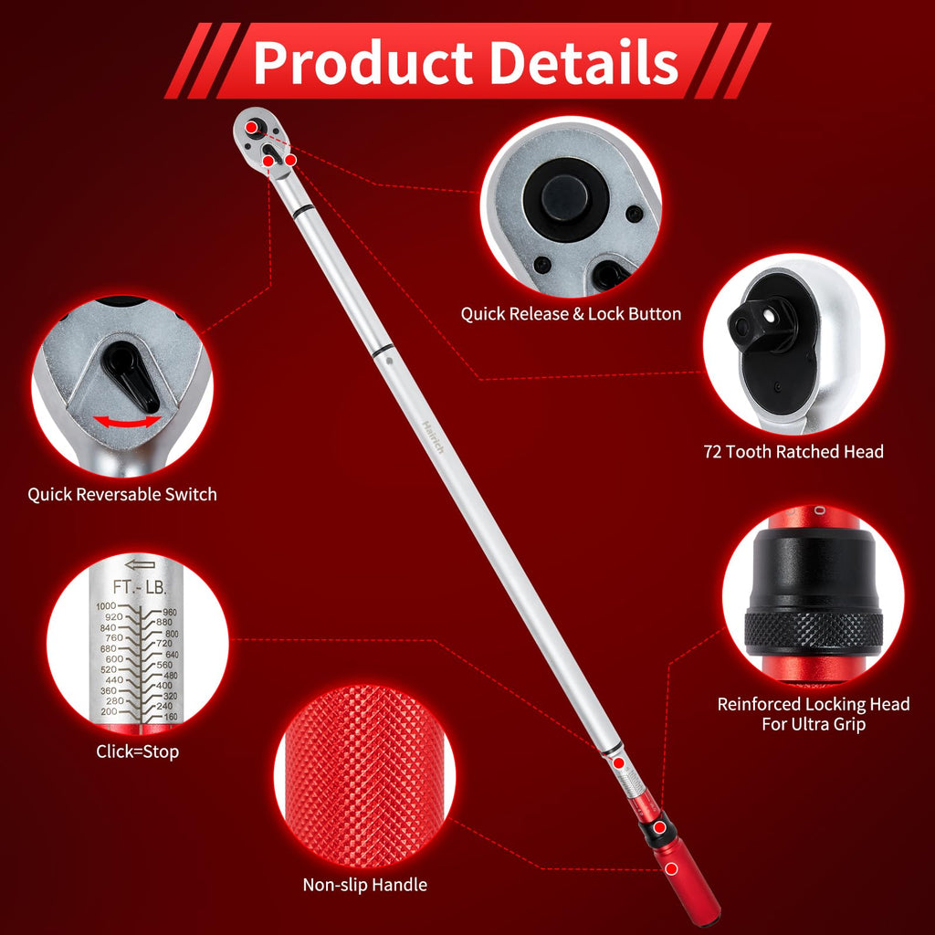Hairich 3/4-Inch Drive Click Torque Wrench, Dual-Direction Adjustable 48 tooth 160-1000ft.lb/217-1356Nm, Professional Inch Pound Torque Wrench, for Maintenance Tool and Product Assembly