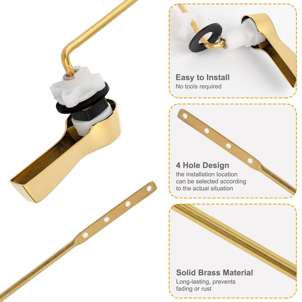 Hibbent Universal Metal Front Mount Toilet Handle Replacement Kit, Brass Toilet Flush Tank Lever with Stainless Steel Flapper Chains for Most Toilets, Shiny Gold
