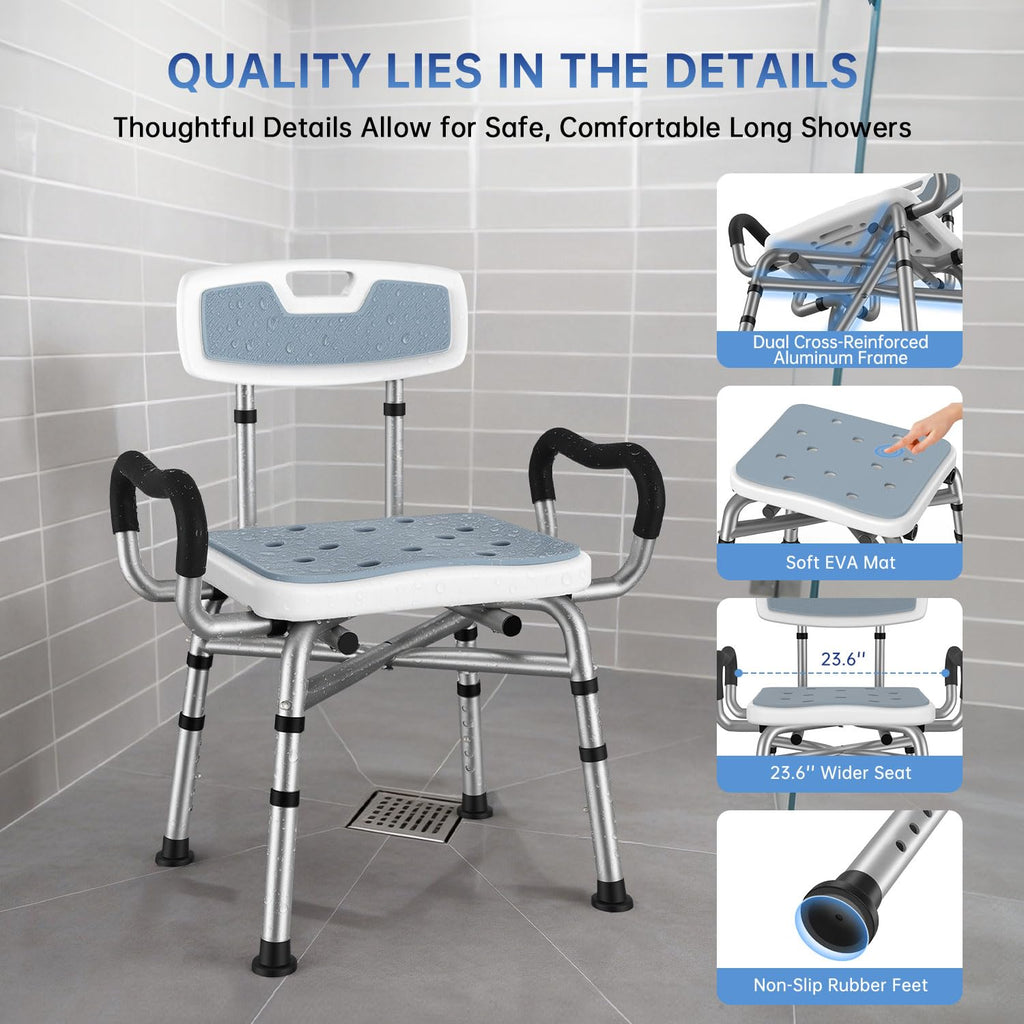 BRITULIF Adjustable Shower Chair with Arms & Back, Stable Heavy Duty 550lbs Safety Bathtub Seat with Non-Slip Feet, Rust-Resistant Aluminum Frame & Tool-Free Assembly for Elderly & Disabled