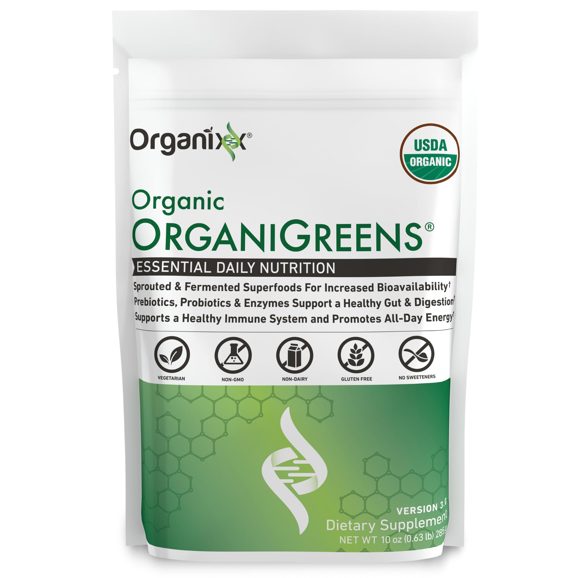 Organixx Greens Superfood Powder with Probiotic Digestive Enzymes, Gluten Free, Vegan, Daily Super Greens Powder Supplement Drink Mix for Gut Health, Immune Support & Energy, Organic, Non GMO, 10 oz