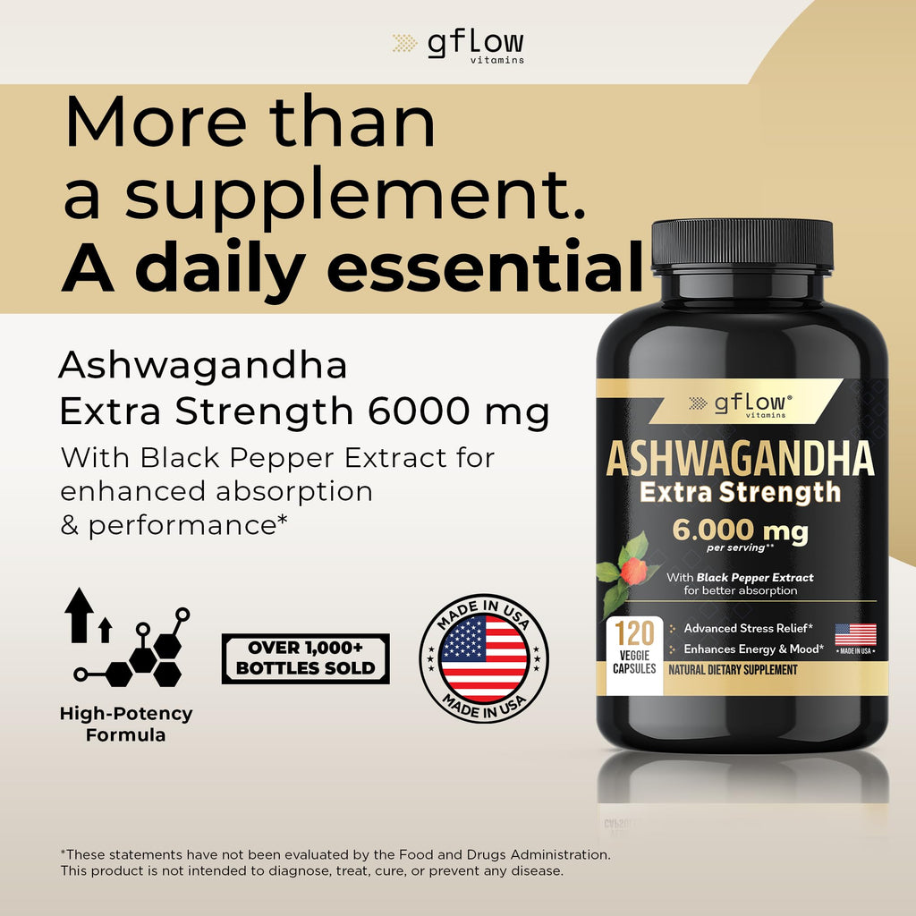 gflow vitamins Ashwagandha Supplements for Women and Men 6000mg | Sleep, Mood and Energy Support | Extra Strength, Vegan Friendly, Non-GMO, Made in USA
