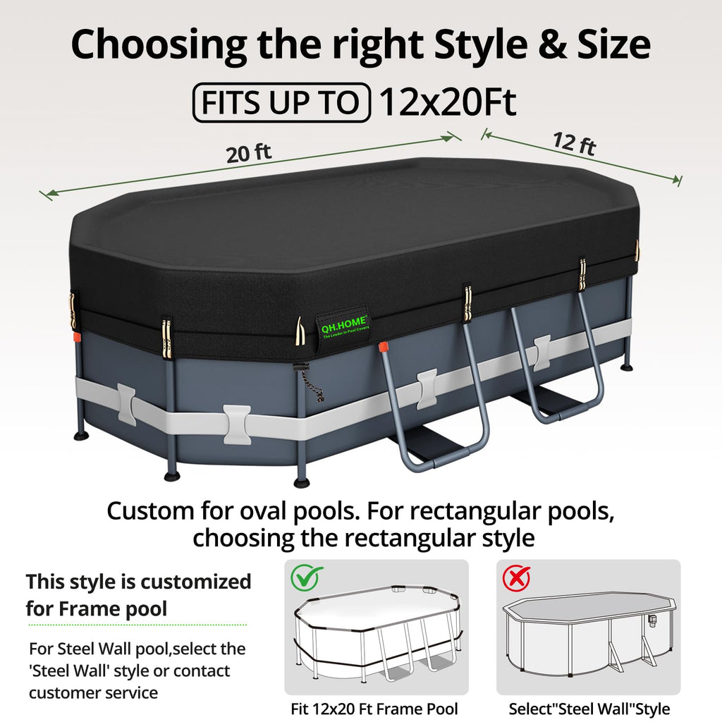 QH.HOME 550D 12x20 Ft Oval Pool Cover [Upgraded Tear Resistant & Quadruple Windpoof] wth Pre-Installed Patented Winch and Rope,Pool Covers for Above Ground Pools Oval-Snug Fit & Waterproof Protection