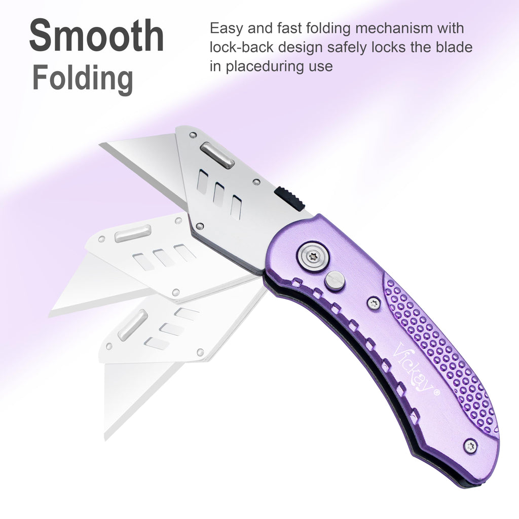 Vickay Folding Utility Knife, Box Cutter with 5 SK5 Quick Change Blades, Safety Axis Lock Design Razor Knife, Lightweight Aluminum Handle Belt Clip for Office Home Artcraft （Light Purple)