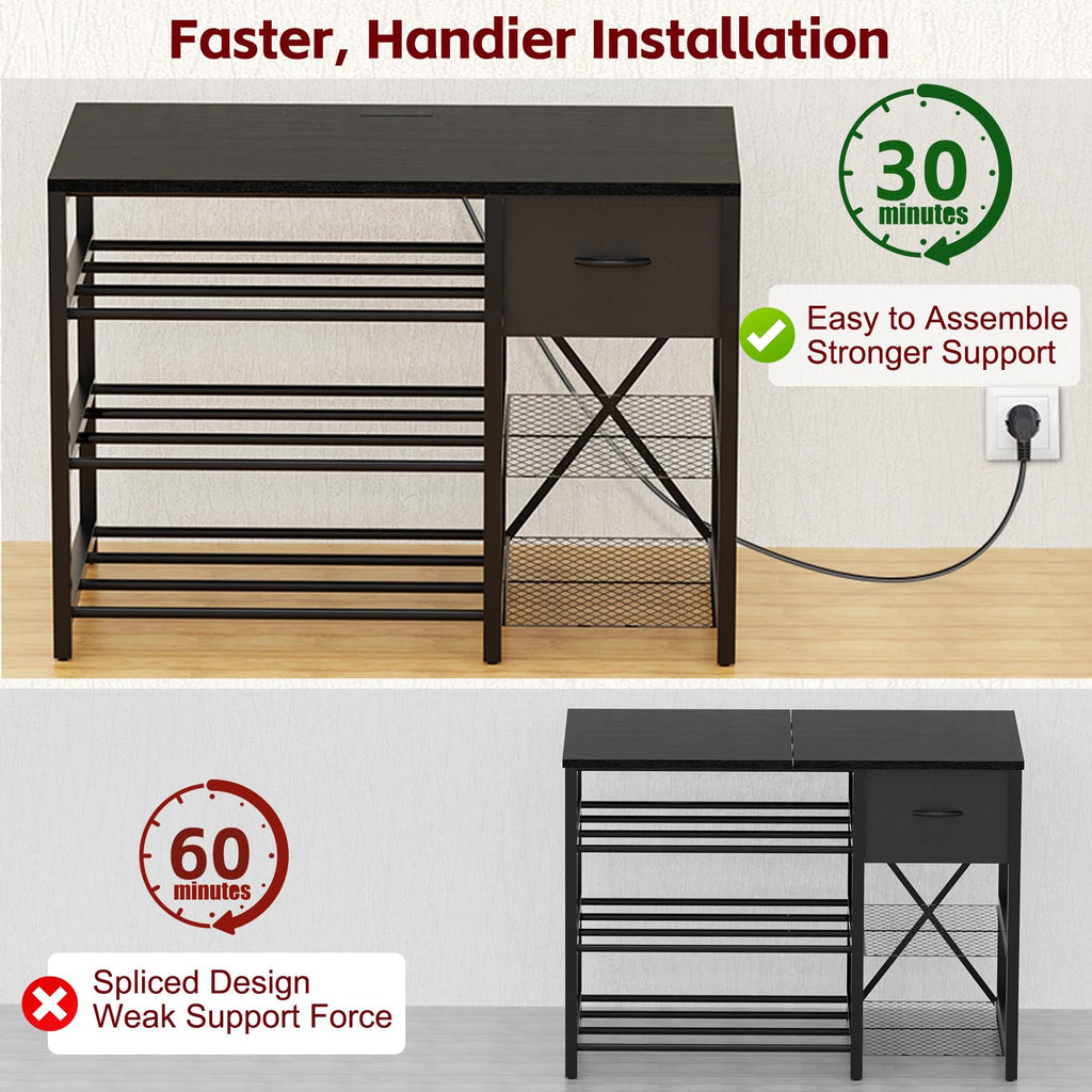 GUULIBERA 3D Printer Stand with Filament Storage Rack, Black 3D Printer Table with Power Outlet, 3-Tier Filament Holder with Drawer, 3D Printer Filament Stand Organized for Office Workshop Studio
