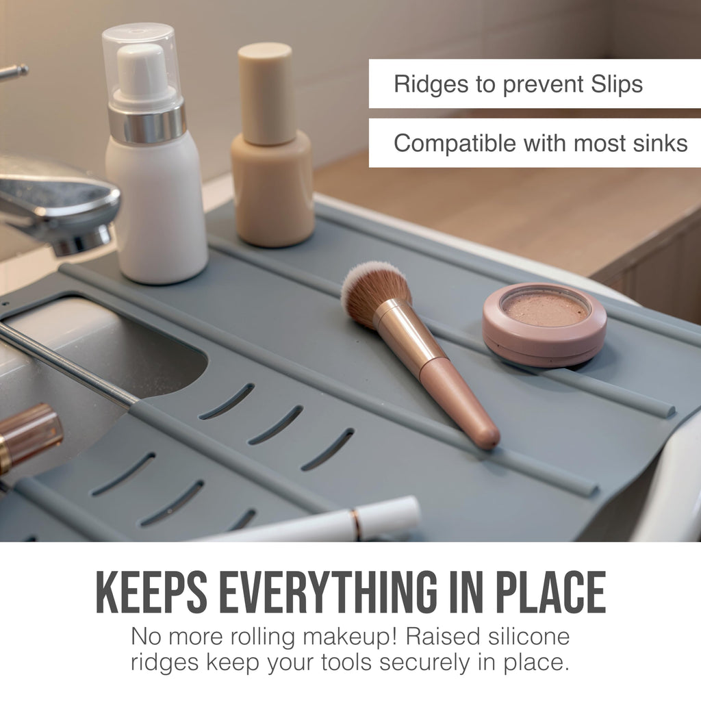 Maplefield Travel Size Bathroom Sink Cover for Counter Space - Foldable Silicone Sink Mat for Beauty Routine, Ideal for Small Bathroom, RVs, Camper Vans (Gray Small, 19.5 x 15.5 x 1.6 Inches)