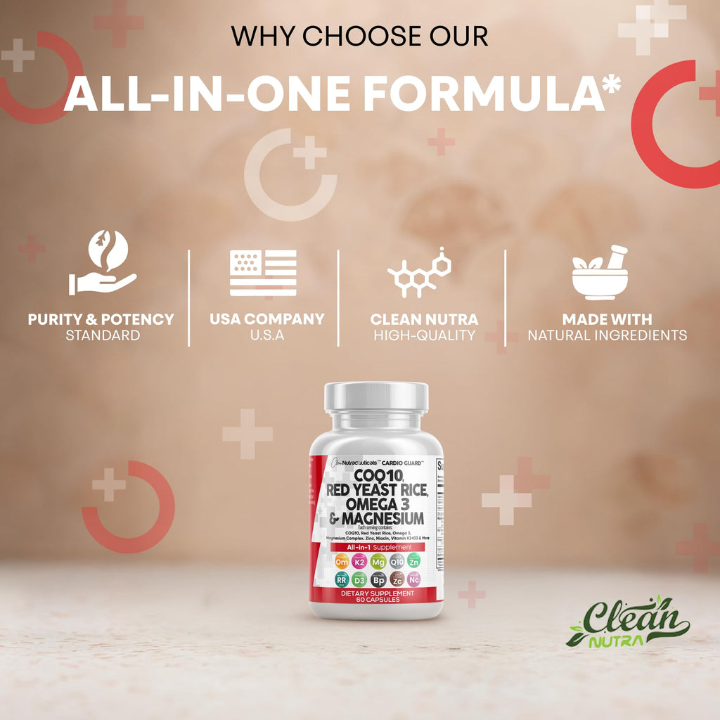 Clean Nutraceuticals COQ10 200mg Red Yeast Rice Omega 3 Magnesium Complex 500mg Niacin Zinc Vitamin K2 D3 - Heart Support Vitamins for Women & Men w/Vitamin B3, Coenzyme Q10-60 Ct