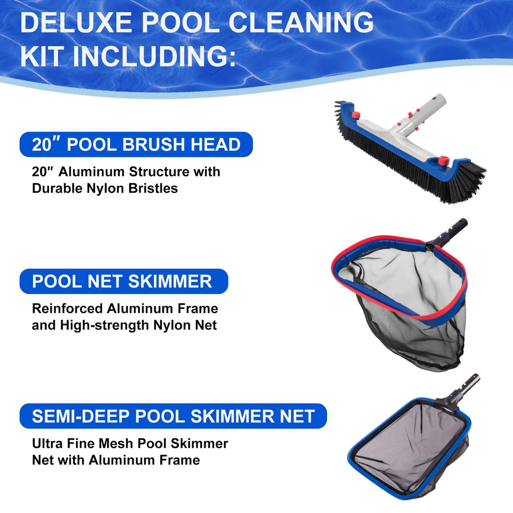 POOLAZA Deluxe Swimming Pool Cleaning Kit Including 20'' Pool Brush Head & Heavy Duty Pool Nets for Cleaning (17.5''Pool Net Skimmer & Semi-deep Ultra Fine Mesh Pool Skimmer Net with Aluminum Frame)