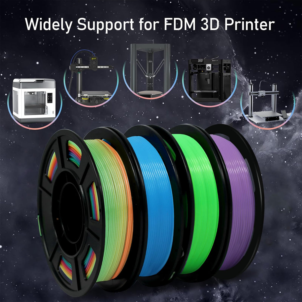 YOUSU 1.75mm 3D Printer Filament Bundle, Glow in The Dark Filament Multicolor, Green, Blue, Purple and Rainbow, PLA Filament 1.75 mm, Dimensional Accuracy +/- 0.03 mm, 250g X 4 Pack