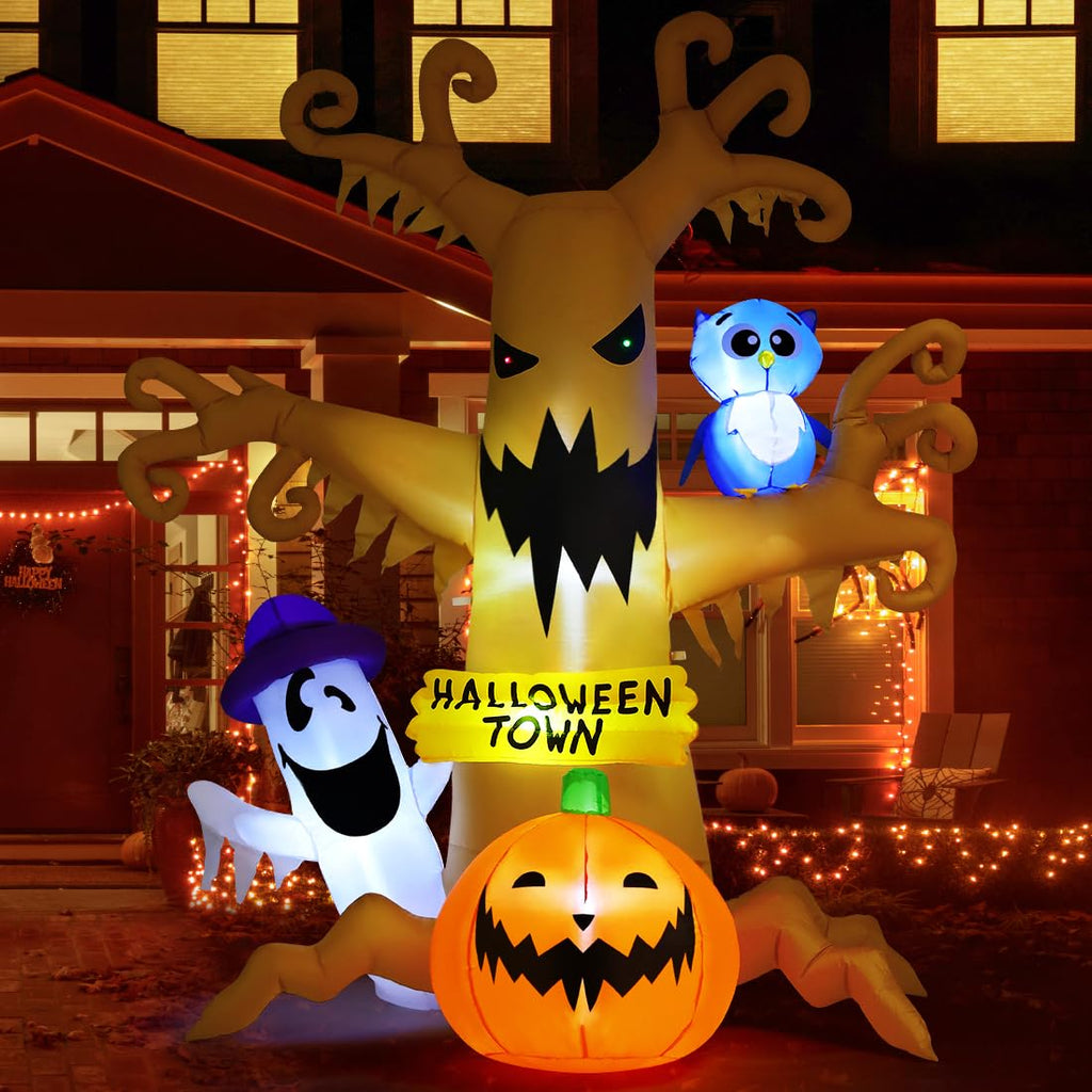 GOOSH 8 FT Halloween Inflatables Dead Tree Outdoor Decorations with Owl Ghosts and Pumpkins, Blow Up Yard Decorations with Built-in LED Lights for Outdoor Party Garden Lawn Decor