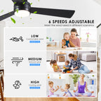 Asyko Ceiling Fans with Lights,46" Low Profile Ceiling Fan with Light and Remote Control,Flush Mount, Reversible, Dimmable, Noiseless, Black Ceiling Fan for Bedroom