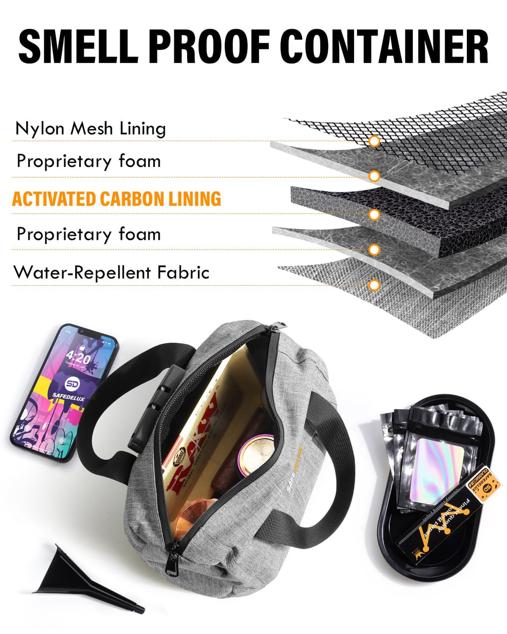 SafeDelux Smell Proof Bag with Combination Lock, Odorless Activated Carbon Fiber Smell Proof Container, Portable Stash Box for Travel, Home, Office & Gifts (Grey)