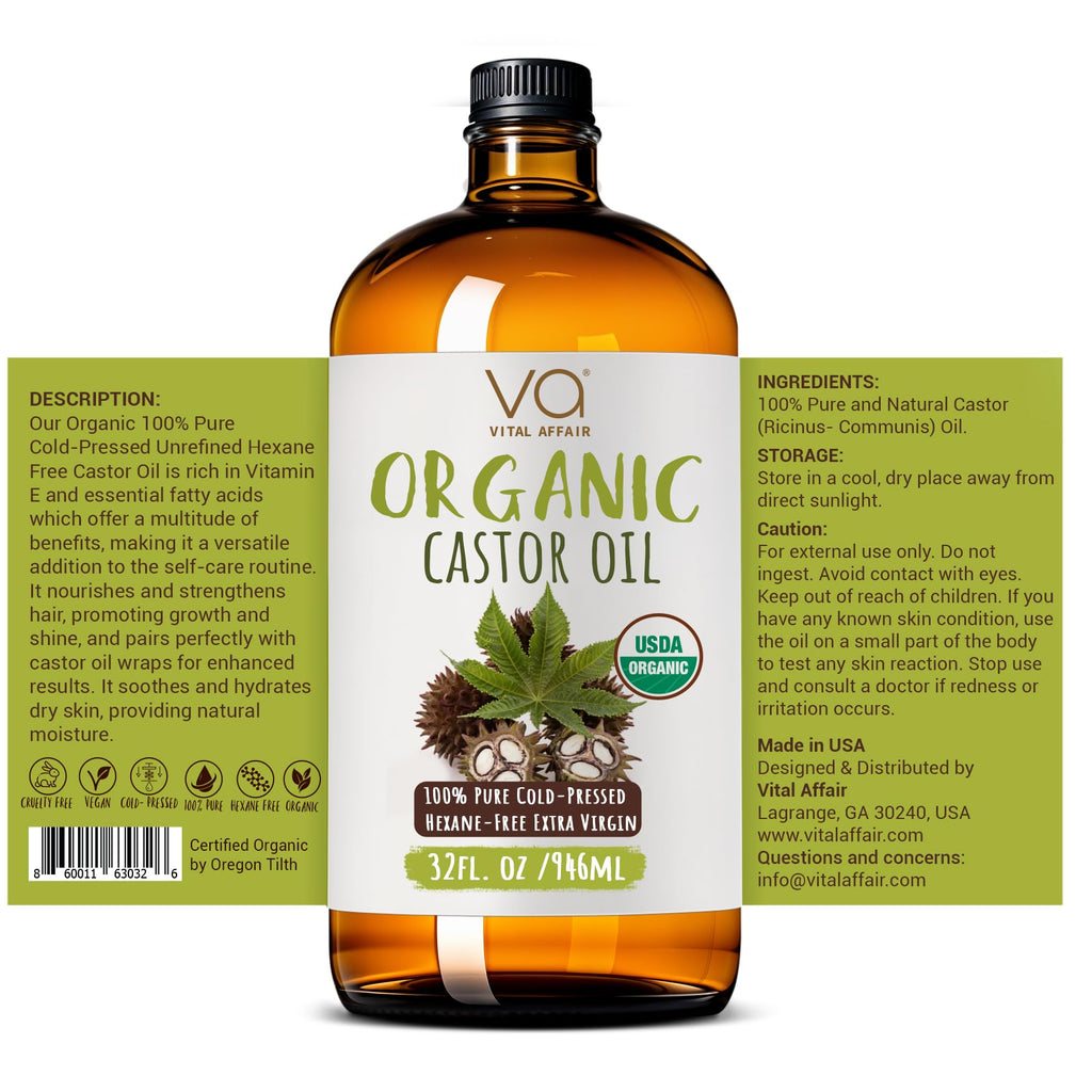VITAL AFFAIR Pure Organic Castor Oil 946 Ml(32 Oz)- Cold Pressed, Unrefined, USDA Certified Organic - Glass Bottle for Hair Growth, Eyelashes, Eyebrows, Face