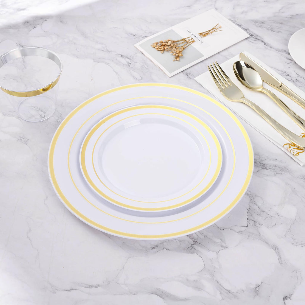 BESTVIP 100Pcs Gold Plastic Plates, 10.25 Inch Disposable Dinner Plates