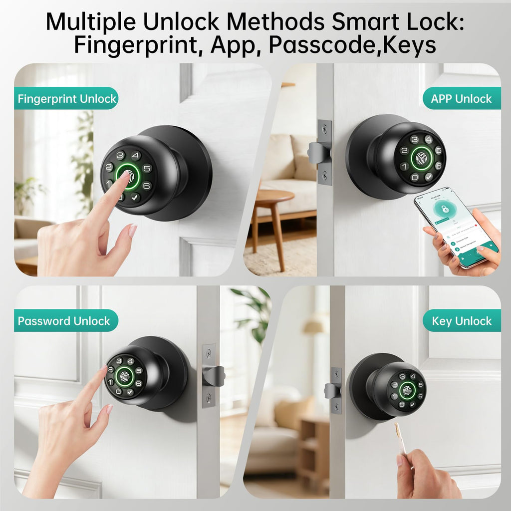 Fingerprint Door Lock - Smart Door Knob, Biometric Door Lock with Keypad Passcode Door Handle for Bedroom Home Office (Black)