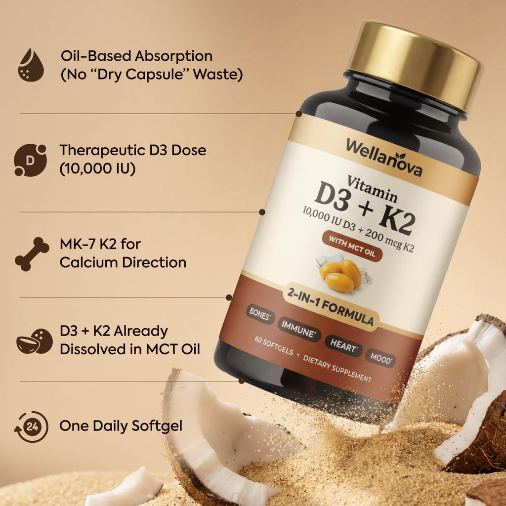 Vitamin D3 K2 10,000 IU – Pure 2-in-1 K2 D3 Vitamin Supplement for Men & Women – MK-7 200 mcg with Coconut Oil – 60 Softgels