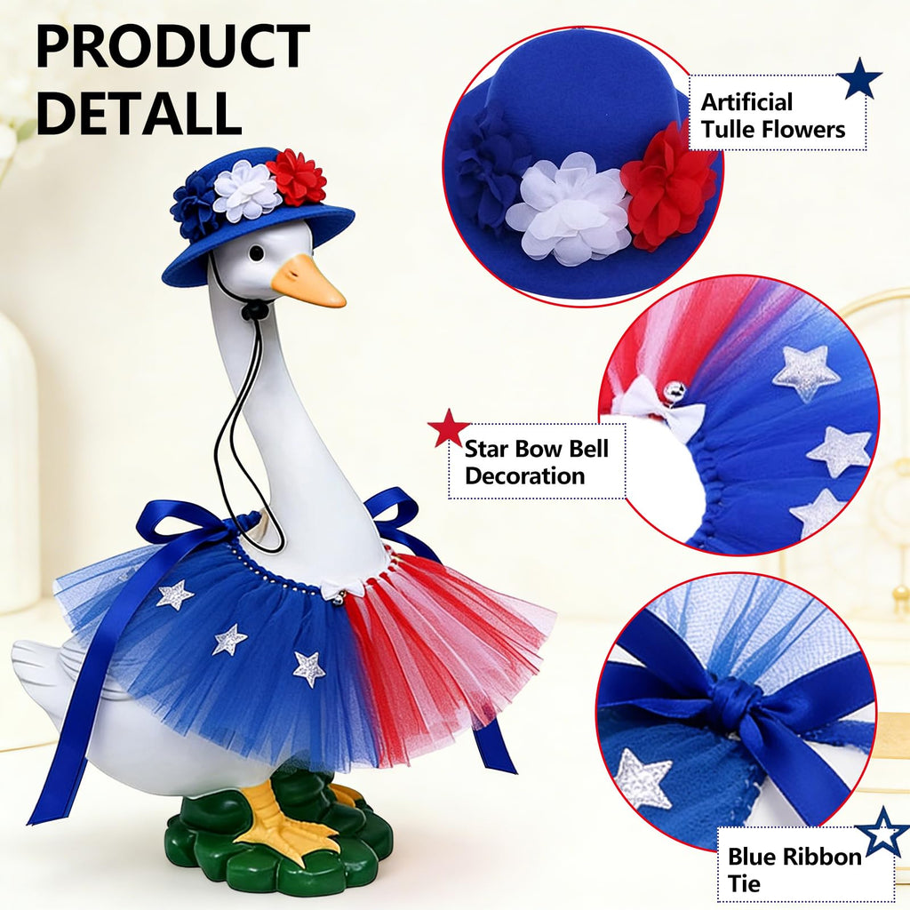 250 Anniversary 4th of July Porch Goose Outfits, 2-Piece Flower Hat Star Skirt for 17" & 23" Lawn Goose Decor, Independence Day Lawn Goose Costume for Garden Resin Porch Goose Decorations