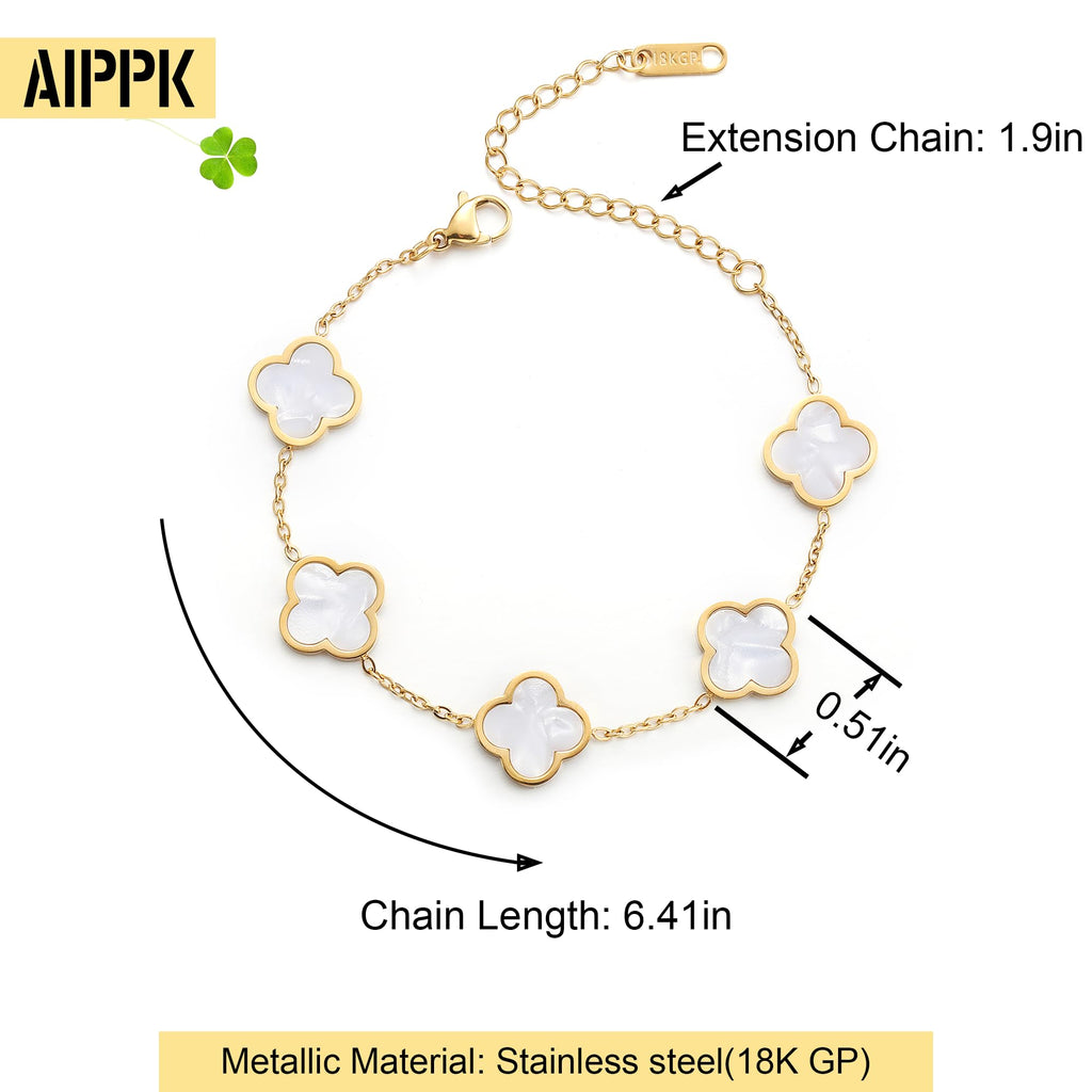 AIPPK 18K Gold Plated Clover Lucky Bracelet for Women White/Black/Red/Green Flower Four Leaf Link Bracelets Trendy Jewelry Gifts for Women (White+Black)