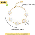 AIPPK 18K Gold Plated Clover Lucky Bracelet for Women White/Black/Red/Green Flower Four Leaf Link Bracelets Trendy Jewelry Gifts for Women (White+Black)