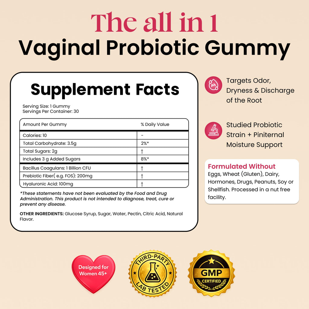 ALLFEMME Flora+ Women’s Vaginal Probiotic Gummies for pH Balance, Odor and Freshness Support with Prebiotics & Hyaluronic Acid, Sugar Free Pineapple, Vegan Non-GMO | 30 Gummies