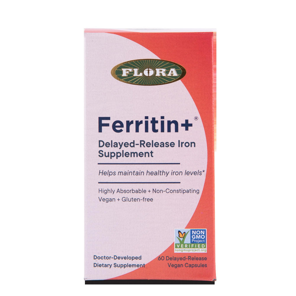 Flora Ferritin+ Delayed-Release Iron Supplement - Plant-Based Iron Supplement - Blood Cell & Energy Support - Vegan & Gluten-Free - Amber Glass Bottle - 60 Vegan Capsules