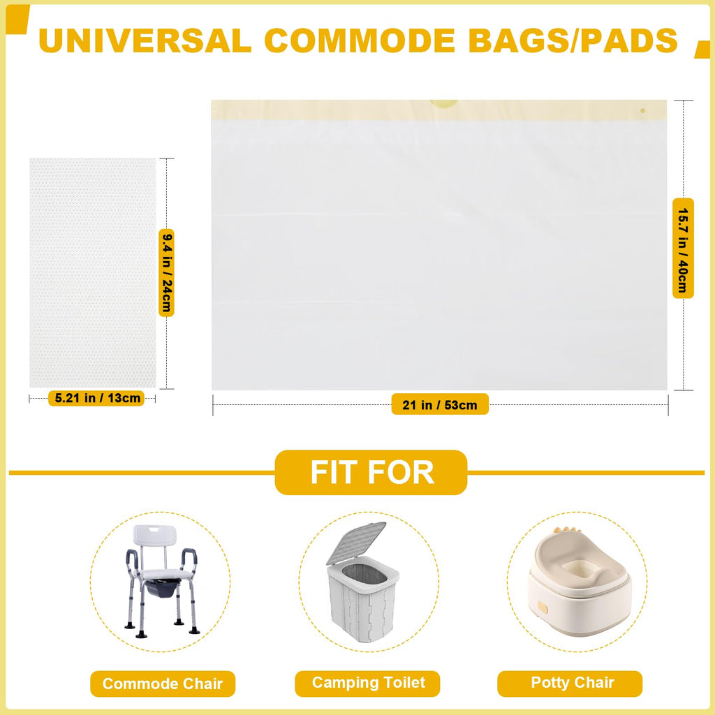 Bedside Commode Liners with Pads | 100 Commode Bags+100 Absorbent Pads | Leak-Guard | Rapid Absorption | Lemon Scented | Bedpan | Bedside Commode | Camping Toilet
