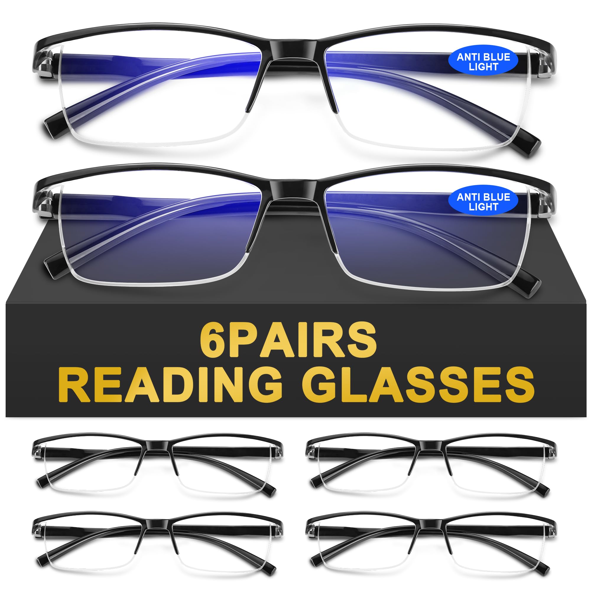 AIMISUV 6Pcs Reading Glasses Men,Spring Hinge Blue Light Blocking Readers,Anti Eyestrain Computer Magnifying Eyeglasses (1.25X)