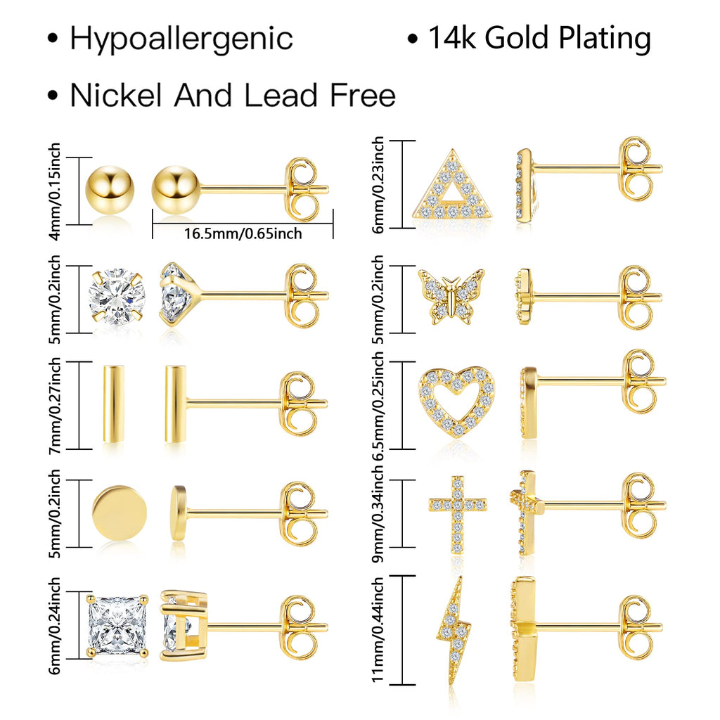 14K Gold Small Stud Earrings Set for Women Flat Back Earrings, 10 Pairs