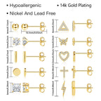 14K Gold Small Stud Earrings Set for Women Flat Back Earrings, 10 Pairs