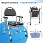 4 in 1 Folding Bedside Commode Chair for Elderly with Arms and Back,Adjustable Height Raised Toilet Seat with Handles,Adults Potty Chair for Seniors,Disabled Holds Up to 350 lbs (PU Soft Seat)