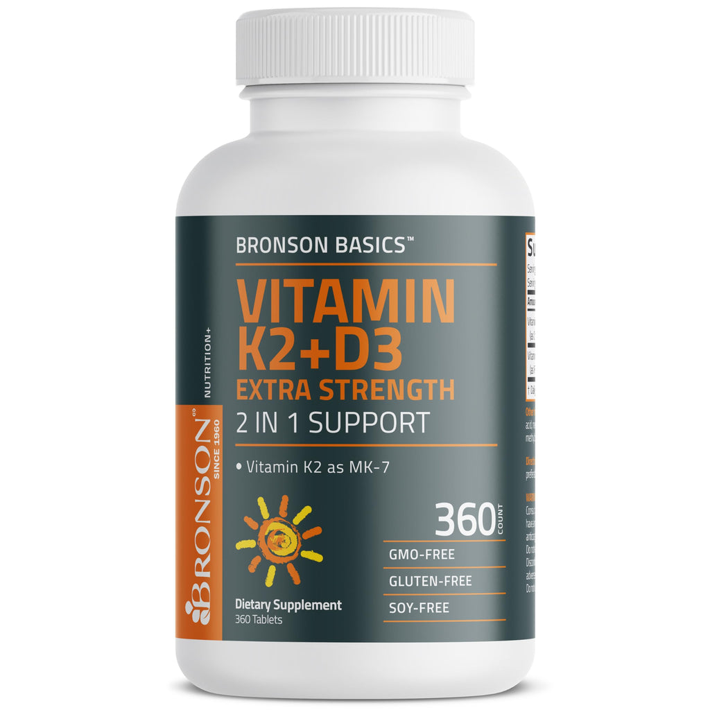Bronson Vitamin K2 (MK7) with D3 Supplement Extra Strength 2 in 1 Support, 10,000 IU Vitamin D3 & 120 mcg K2 MK-7, 360 Tablets