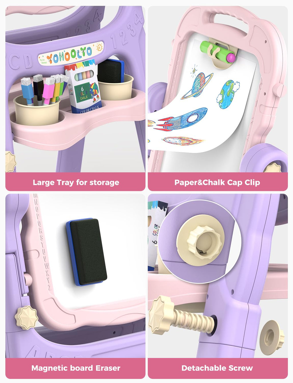 YOHOOLYO Kids Easel Standing Art Easel for Kids, Double Sided Children Pink Purple Easel Magnetic Chalkboard Whiteboard Dry Eraser Board Great Gift for Girls