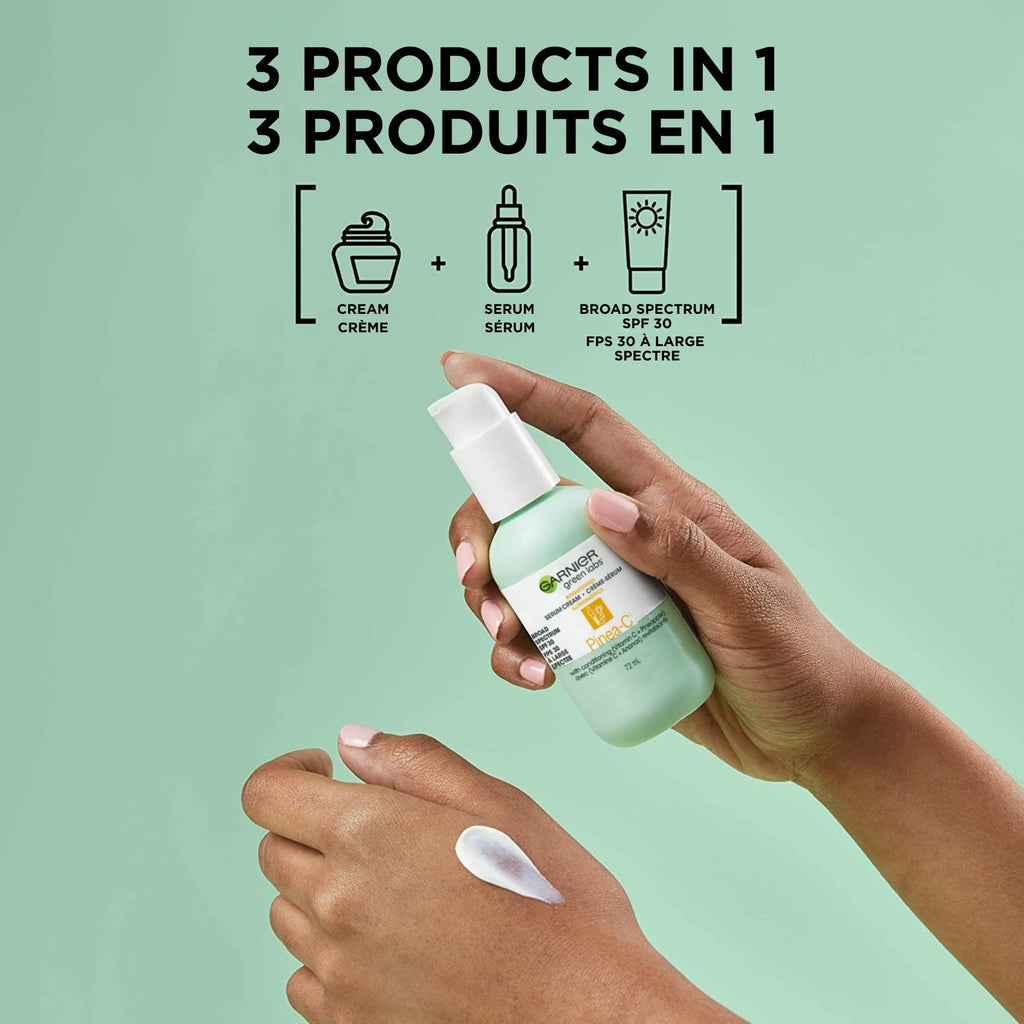 Garnier Green Labs Pinea-C 3-in-1 Brightening Serum Cream, 24H Moisture + Serum + SPF 30 with Vitamin C, 2.4 Fl Oz (72mL), 1 Count (Packaging May Vary)