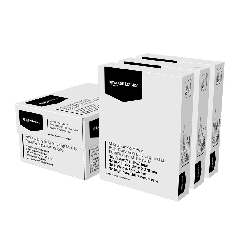 Amazon Basics Multipurpose Copy Printer Paper, 20 lb, 8.5 x 11 Inches, 3 Reams (1,500 Sheets), 92 Bright White for Home Use